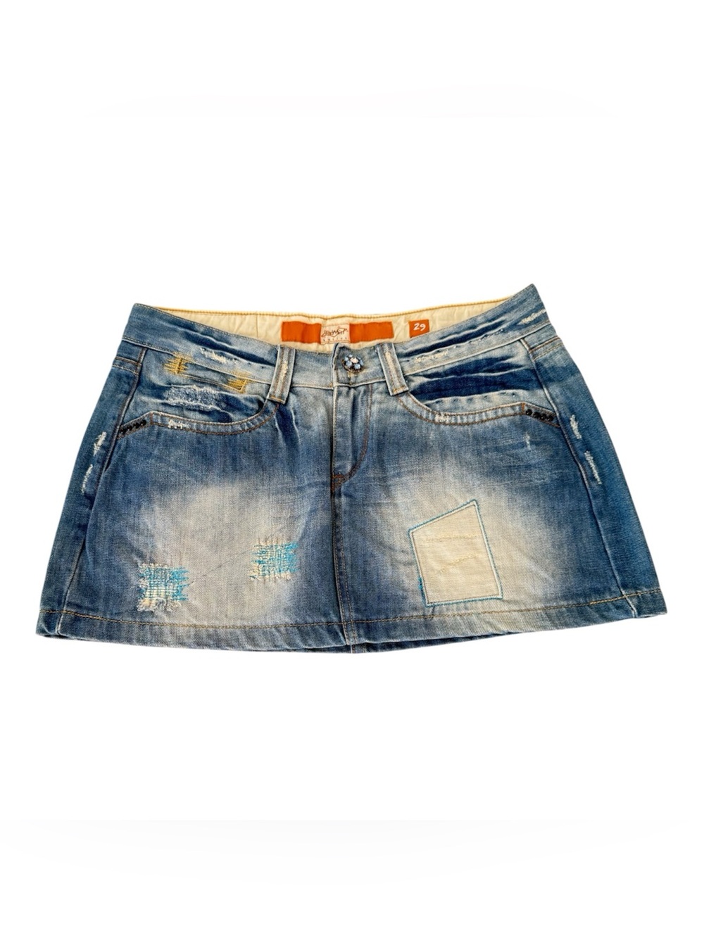 Vintage Yes! Miss Basics Distressed Embellished Mini 5 Pocket Jean Skirt Size 29
